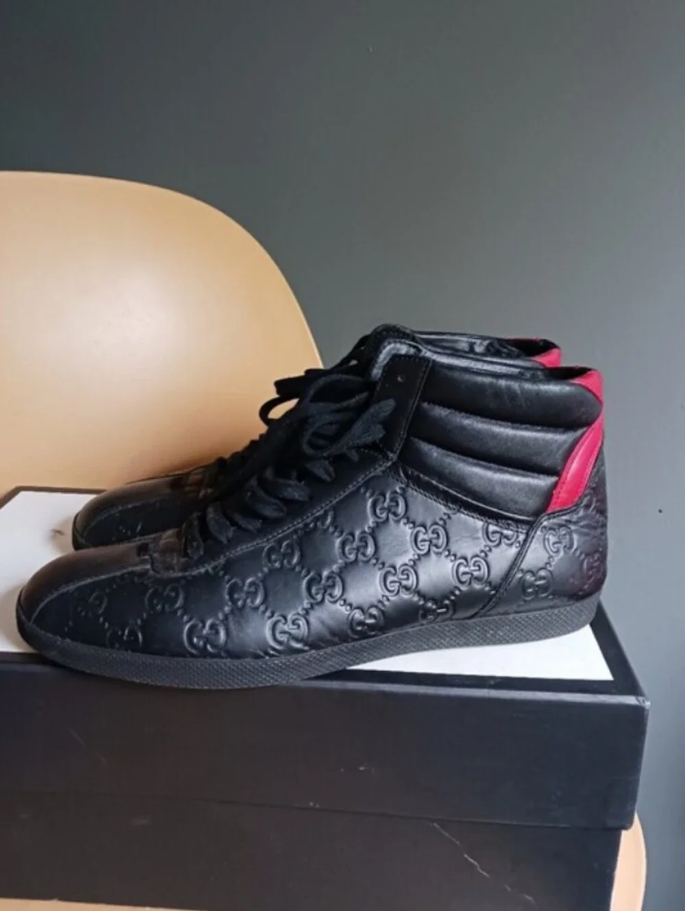 Gucci GG Black Leather High-Top Sneakers with Red Accent, Size 7